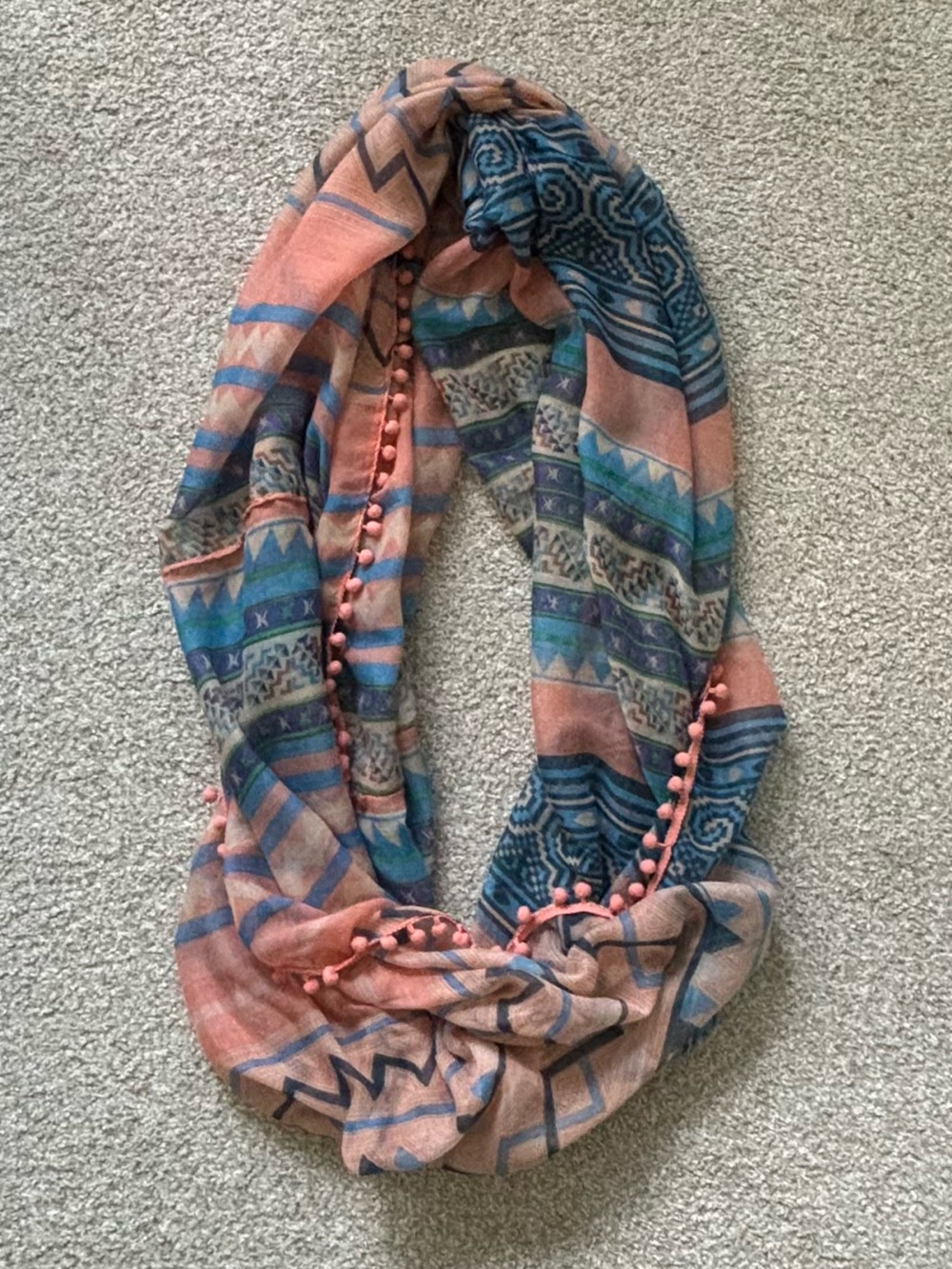 Boho Printed Infinity Scarf in Coral and Teal